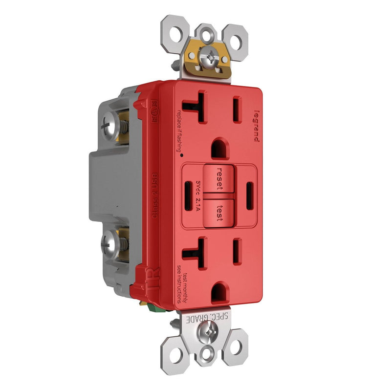 2097TRUSBCCRED, USB-CC Charging and GFCI Outlet, 20A, Red, Left Side