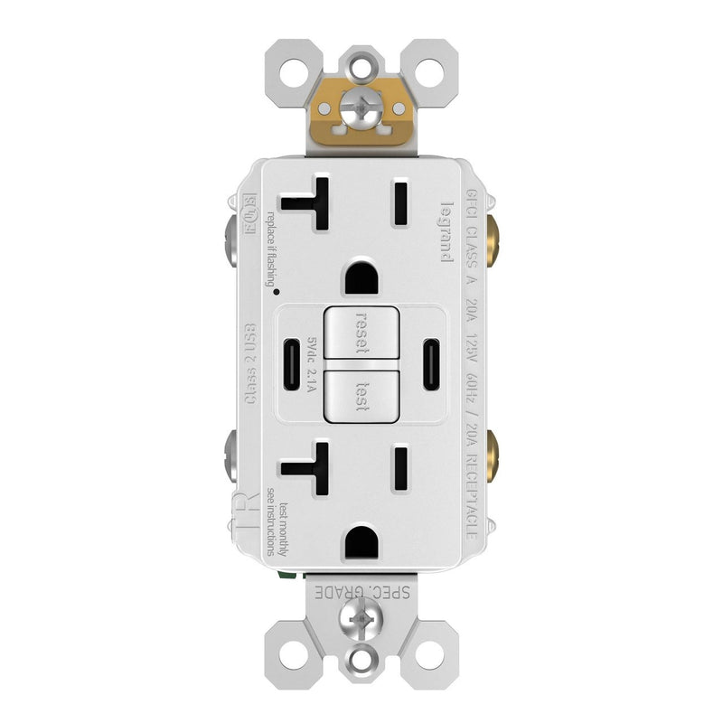 2097TRUSBCCW, USB-CC Charging and GFCI Outlet, 20A, White, Front