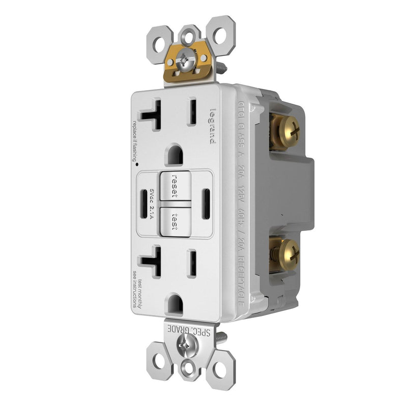 2097TRUSBCCW, USB-CC Charging and GFCI Outlet, 20A, White, Left Side