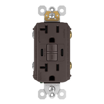 2097TRUSBCC, USB-CC Charging and GFCI Outlet, 20A, Brown, Front