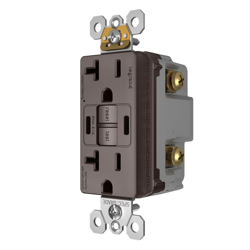2097TRUSBCC, USB-CC Charging and GFCI Outlet, 20A, Brown, Left Side