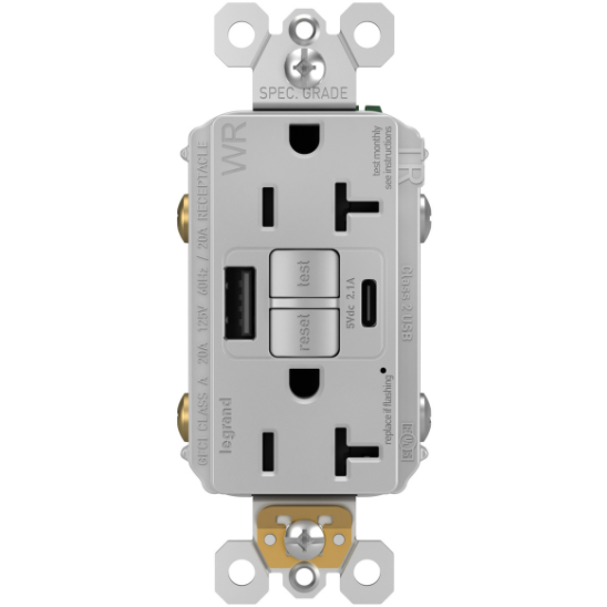 2097TRWRUSBACGRY Outdoor GFCI Outlet with USB Ports, Gray