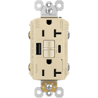 2097TRWRUSBACI Front, GFCI with USB Charging Ports Outdoor Outlet, Ivory