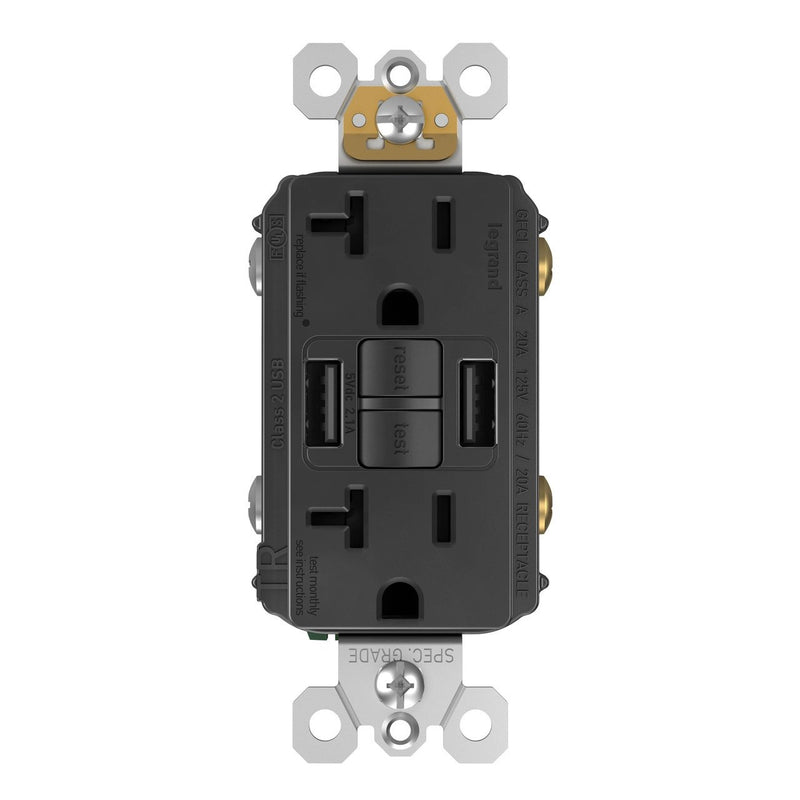 GFCI with USB-AA Charging Combo Outlet, Tamper Resistant, 20A, Black