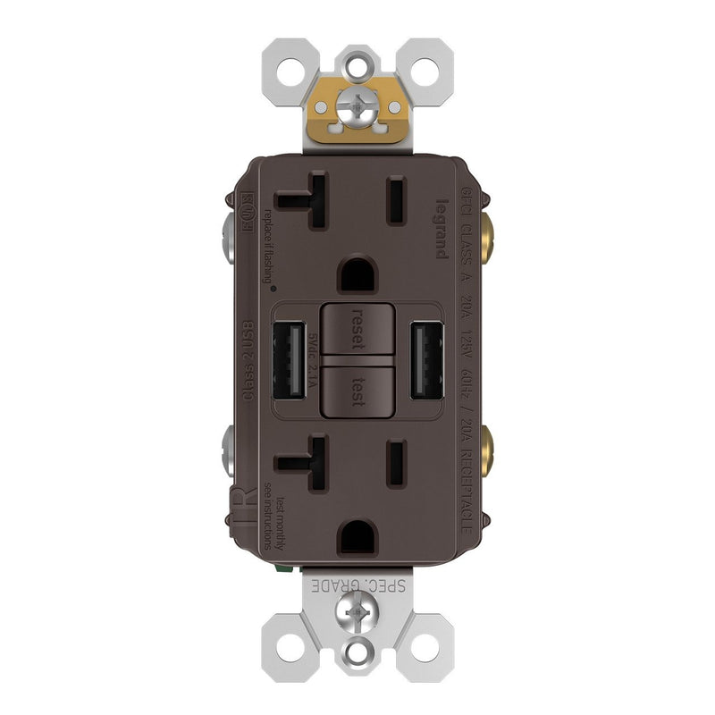 GFCI with USB-AA Charging Combo Outlet, Tamper Resistant, 20A, Brown