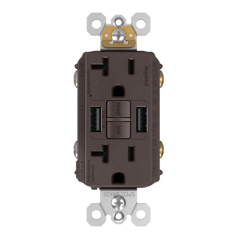GFCI with USB-AA Charging Combo Outlet, Tamper Resistant, 20A, Brown