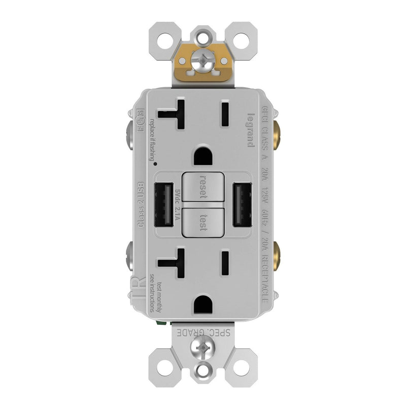 GFCI with USB-AA Charging Combo Outlet, Tamper Resistant, 20A, Gray
