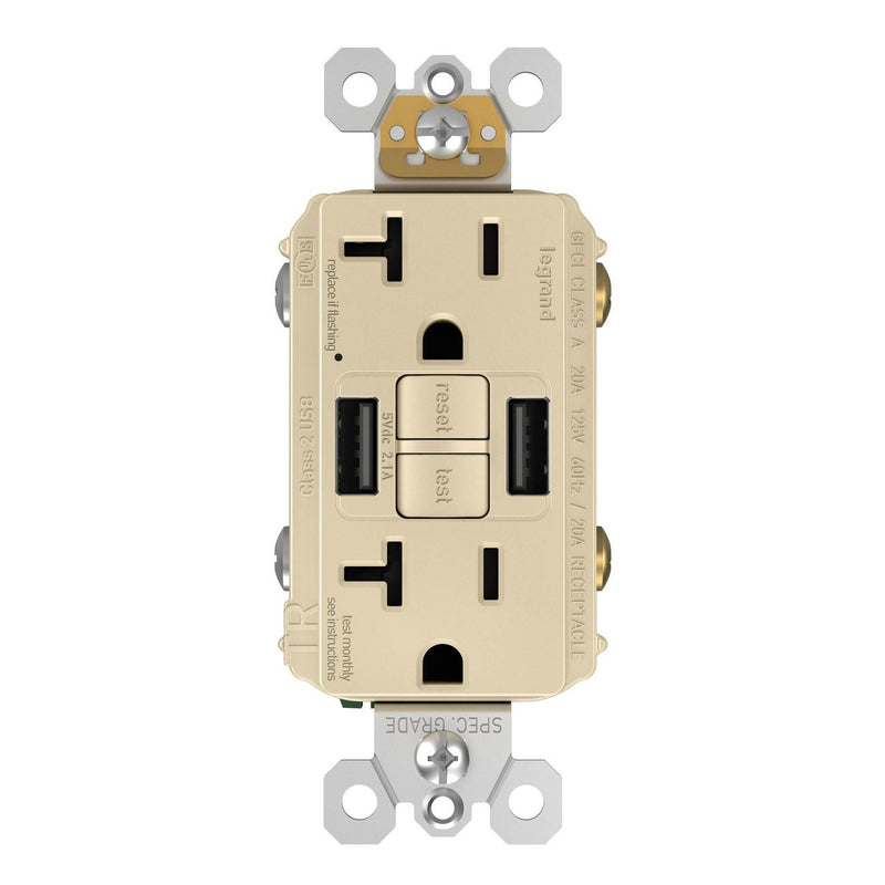 GFCI with USB-AA Charging Combo Outlet, TR, 20A, Ivory