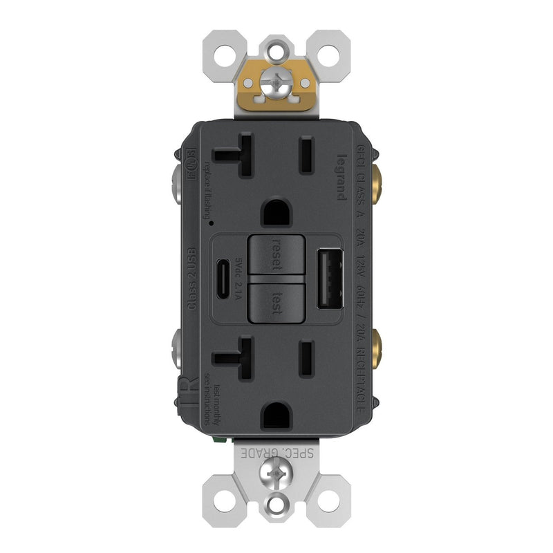 2097TRUSBACG, USB-AC Charging and GFCI Outlet, 20A, Graphite, Front