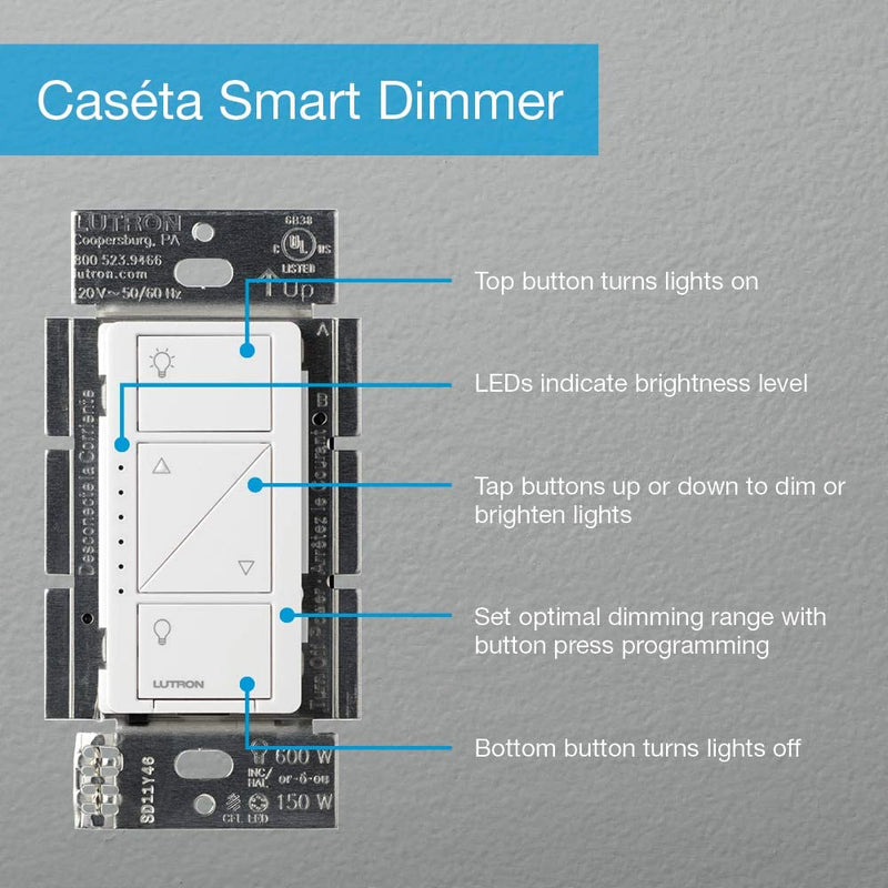 Lutron Caseta Wireless Dimmer Wall Light Smart Home Switch, White
