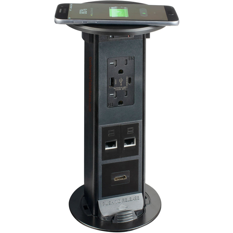 Countertop Pop Up Outlet, 2 USB, 2 Cat6, 1 HDMI, QI Charging, Black