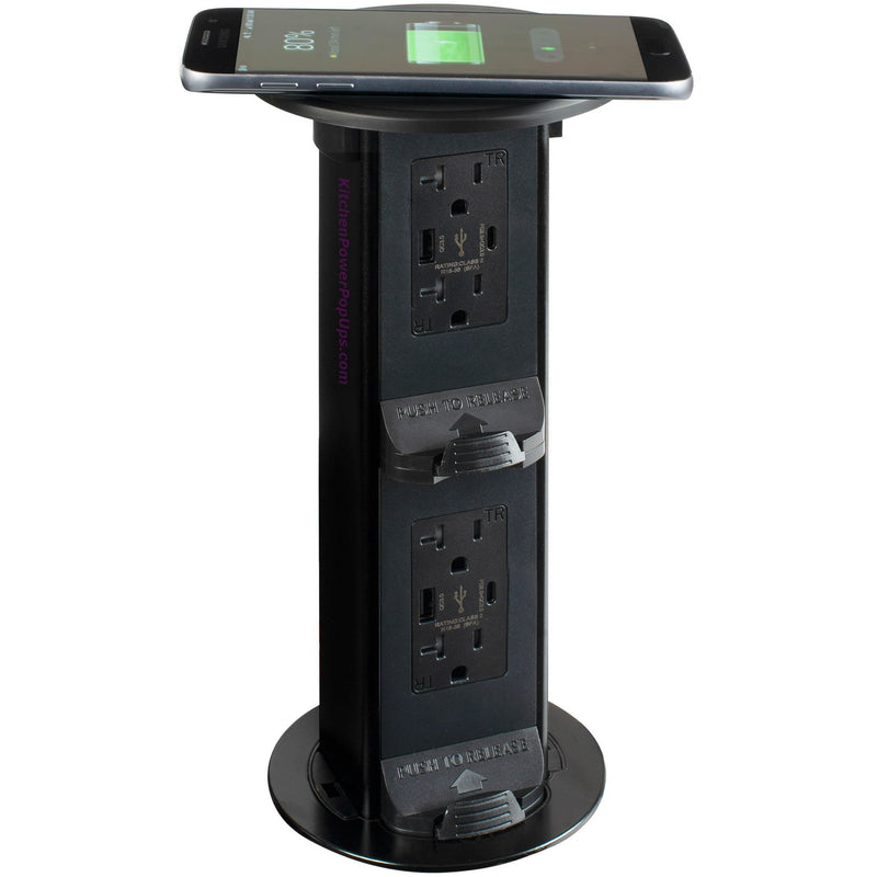 2-Step Countertop Pop Up, 4 Plugs, USB-A Charging, USB-C Charging, Wireless QI Top, Black