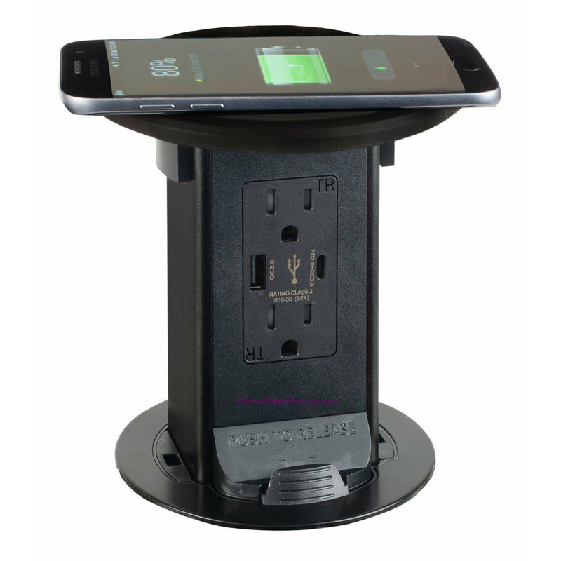 Lew Electric PUR15-RDB-2USB-AC-QI Showing Phone Charging