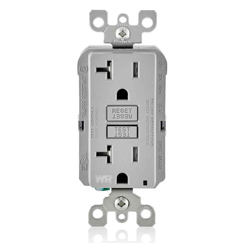 Leviton GFWT2-GY 20A GFI Slim Outlet, Weather & Tamper Resistant, Gray - Front
