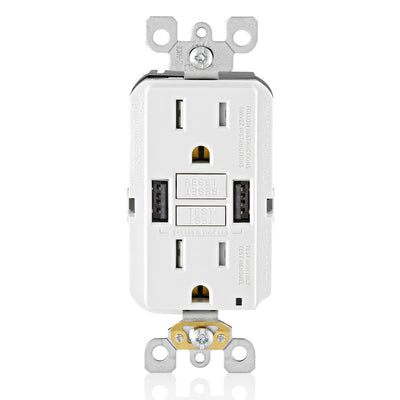 Leviton GUSB1-W GFCI with USB-AA 24W Charging Combo Outlet, Tamper Proof, 15A, White