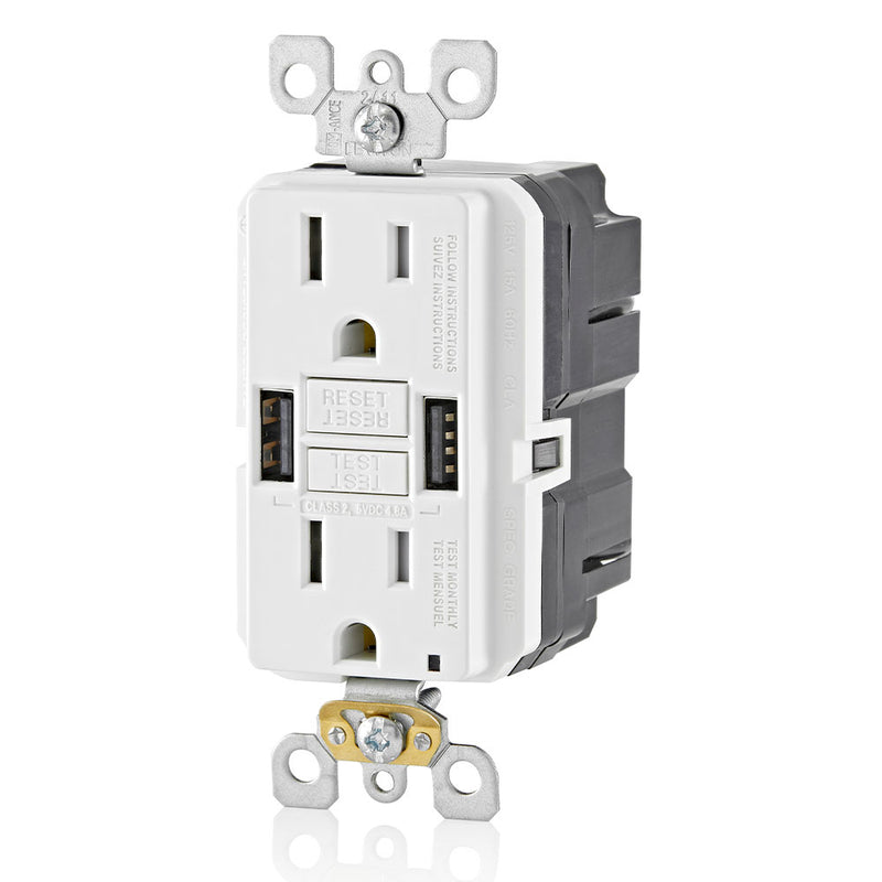 Leviton GUSB1-W GFCI with USB-AA 24W Charging Combo Outlet, Tamper Proof, 15A, White, Side