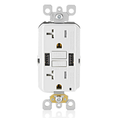 Leviton GUSB2-W GFCI with USB-AA 24W Charging Combo Outlet, Tamper Proof, 20A, White