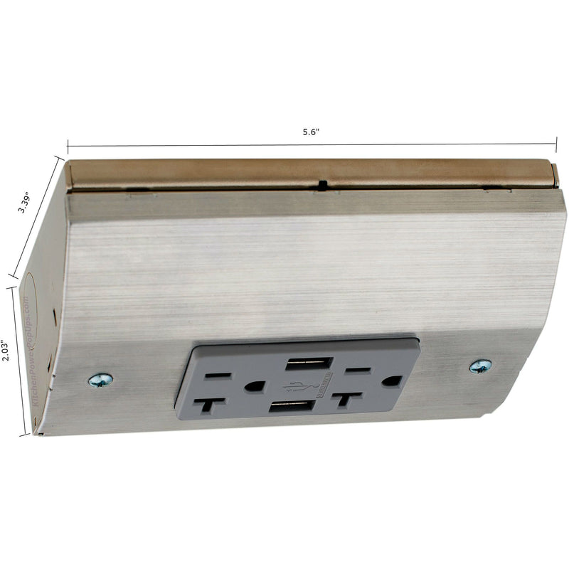 Under Cabinet Angled 20A 2 Power Strip, 2 Charging USB-A, Stainless