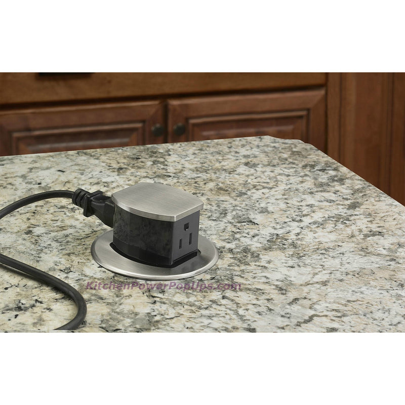 Hubbell RCT200ALU Waterproof Dual Sided Pop Up Counter Outlet Aluminum installed