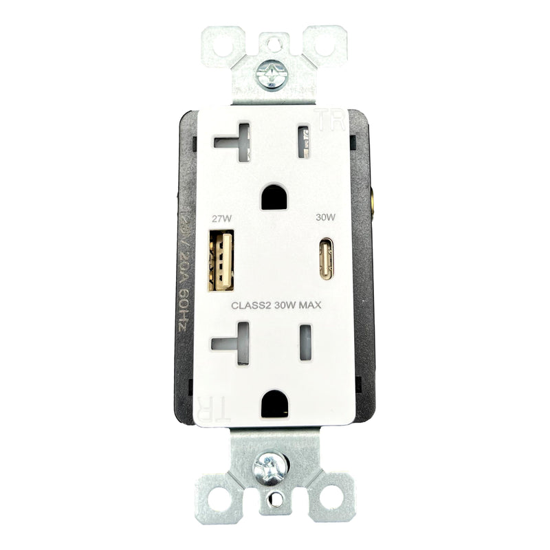 30W USB-C, 27W USB-A Charging Power Delivery Wall Outlet, White, Front