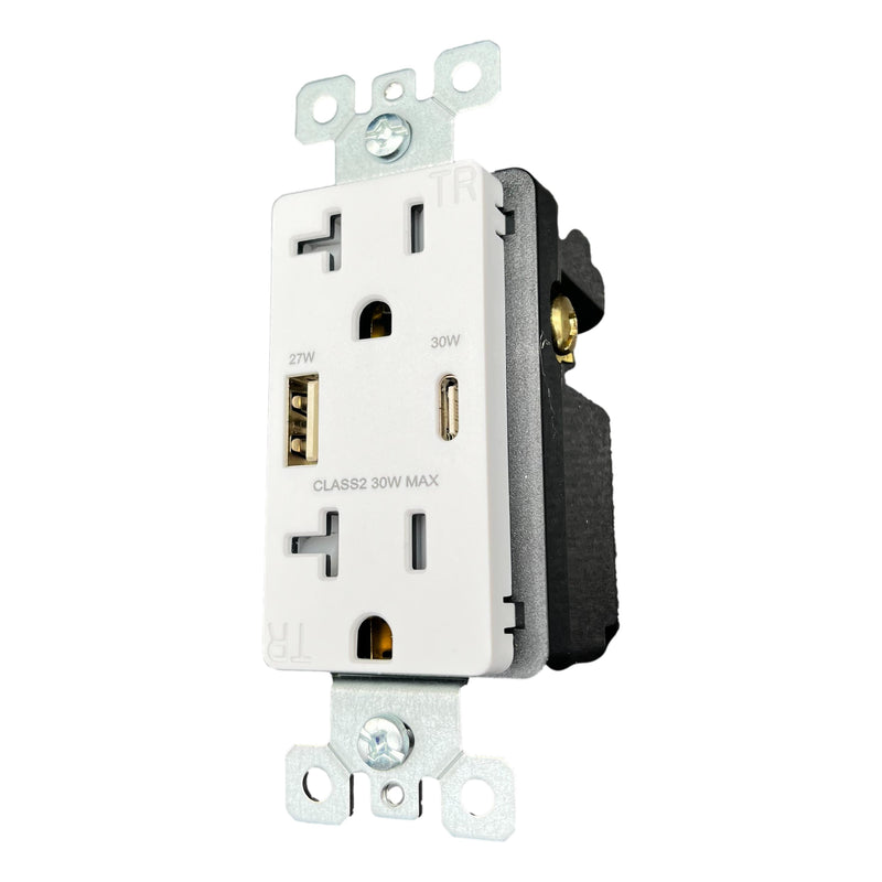 30W USB-C, 27W USB-A Charging Power Delivery Wall Outlet, White, Right Side