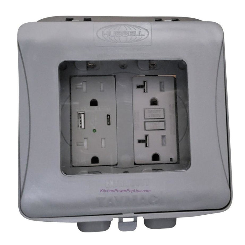 ML2500G Gray Outdoor Weatherproof 2-Gang Wall Box w/ Gray GFCI and USB Outlets