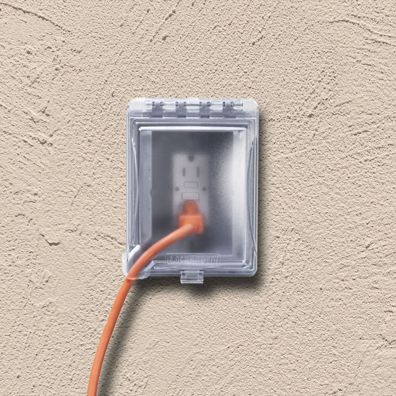 TayMac MR420CG Outdoor Weatherproof In-Use Recessed Wall Outlet Enclosure, Gray, installed in stucco wall
