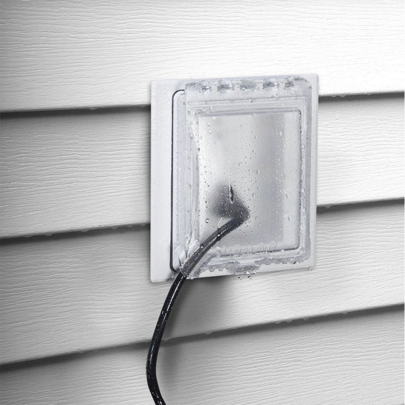 TayMac MR420CW Outdoor Weatherproof In-Use Recessed Wall Outlet Enclosure, White, installed in siding