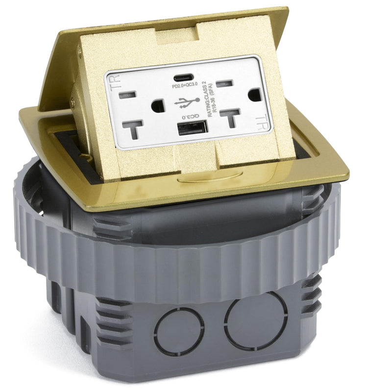 Kitchen Counter Pop Up Outlet Charging USB A/C Ports, Brass, Showing Entire Unit