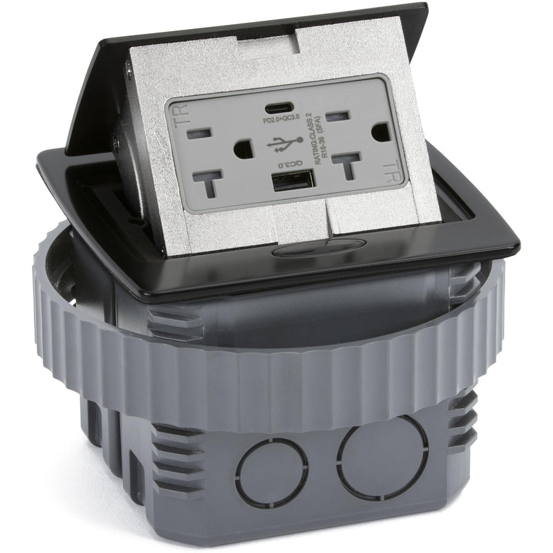 Kitchen Counter Pop Up Outlet Charging USB A/C Ports, Black, Showing Entire Unit