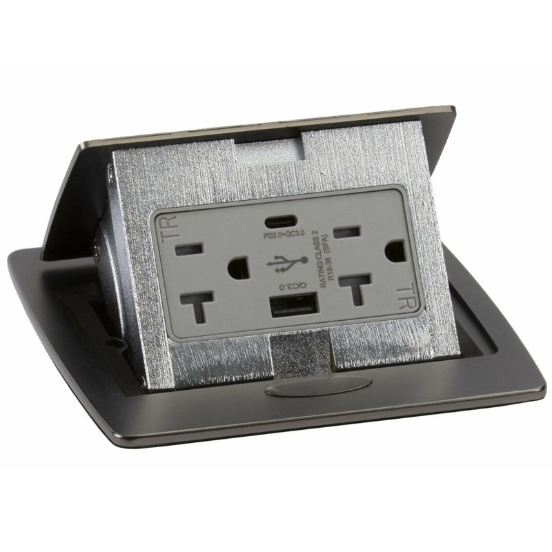 Kitchen Counter Pop Up Charging USB A/C Ports, Black Stainless Steel