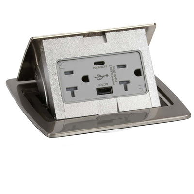 Lew Electric PUFP-CT-NS-AC-PB Kitchen Counter Pop Up Outlet Charging USB A/C Ports, Nickel
