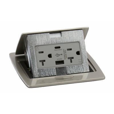 Kitchen Counter Pop Up Outlet, Charging USB A/C, Plastic Back Box, 20A, Satin Nickel