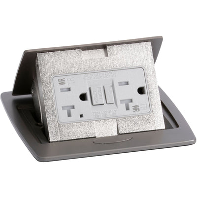 Pop Up Countertop Electrical Outlet, GFCI Receptacle, Graphite Black, Open