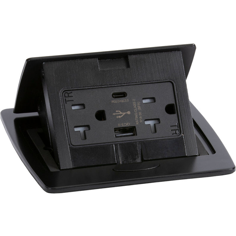 Kitchen Countertop Pop Up Charging USB A/C Ports, All Black, Open