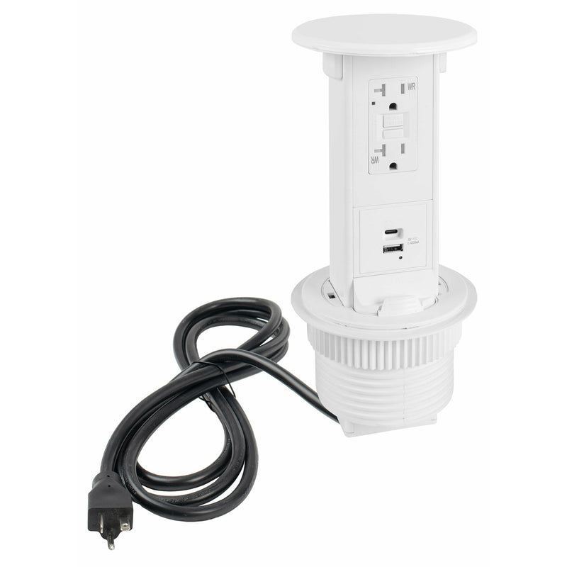 Waterproof Counter Pop Up GFCI Outlet with USB-A/C Charging, All-White, Showing Cord