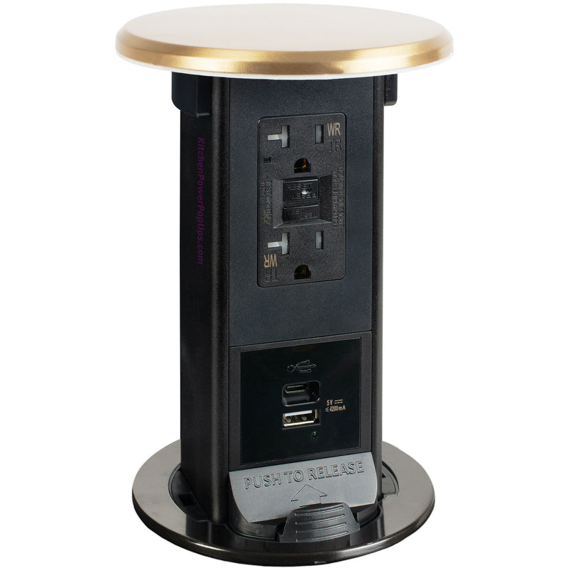 Countertop Spill Proof Pop Up 20A GFI Outlet & Charging USB-A/C, Brass