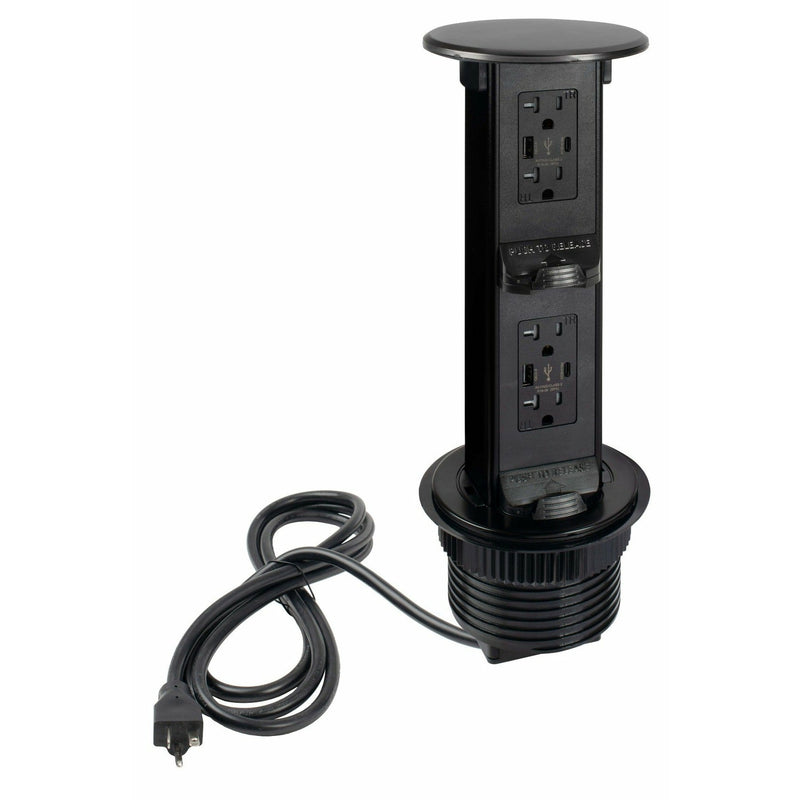 Countertop Pop Up 2-Stage 4 Power/4 USB Charging, Black Stainless, Showing Entire Unit