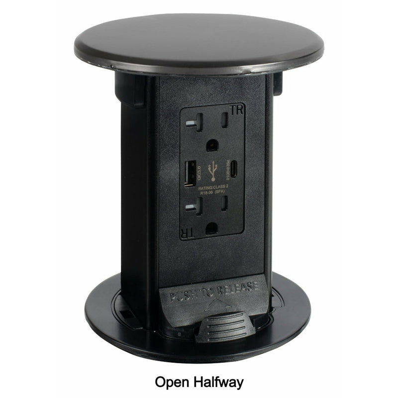 Countertop Pop Up 2-Stage 4 Power/4 USB Charging, Black Stainless, Open halfway