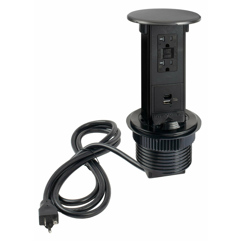 PUR20-BS-GFI-2USB-AC Pop Up Counter Outlet, USB-A/C Ports, GFI, Black Stainless, Entire Unit