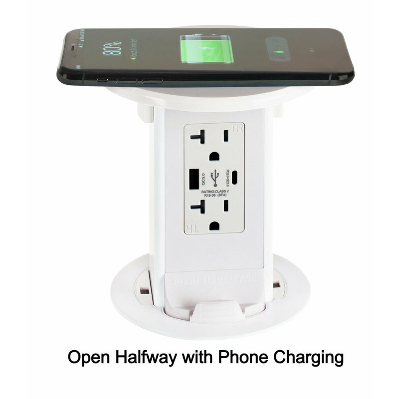 Lew Electric PUR20-RAWT-AC-2P-QI 2 Stage All-White Countertop Outlet, Open Halfway Phone Charging