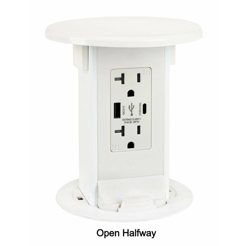 Lew Electric PUR20-RAWT-AC-2P-QI 2 Stage All-White Countertop Outlet, Open Halfway
