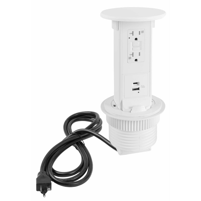 Kitchen Pop Up USB-A & USB-C Ports, GFI, Wireless Charging, All-White, Showing Entire Unit