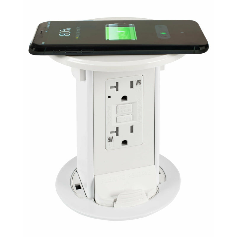 Lew Electric PUR20-RAWT-GFI-QI All-White Pop Up Outlet with GFCI and Wireless Phone Charging