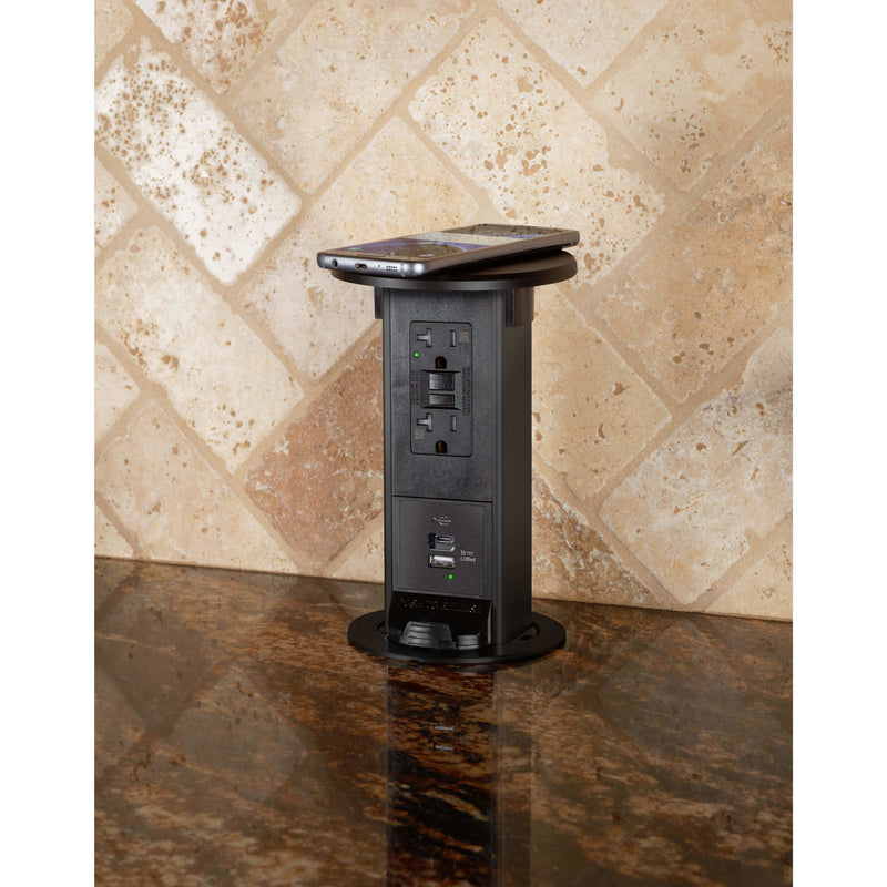 Countertop Pop Up Outlet with GFI USB-A and USB-C Charging, Wireless Charging