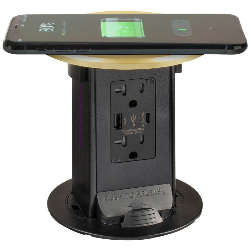 Counter Pop Up USB-A and USB-C Ports, Wireless Charging, Brass