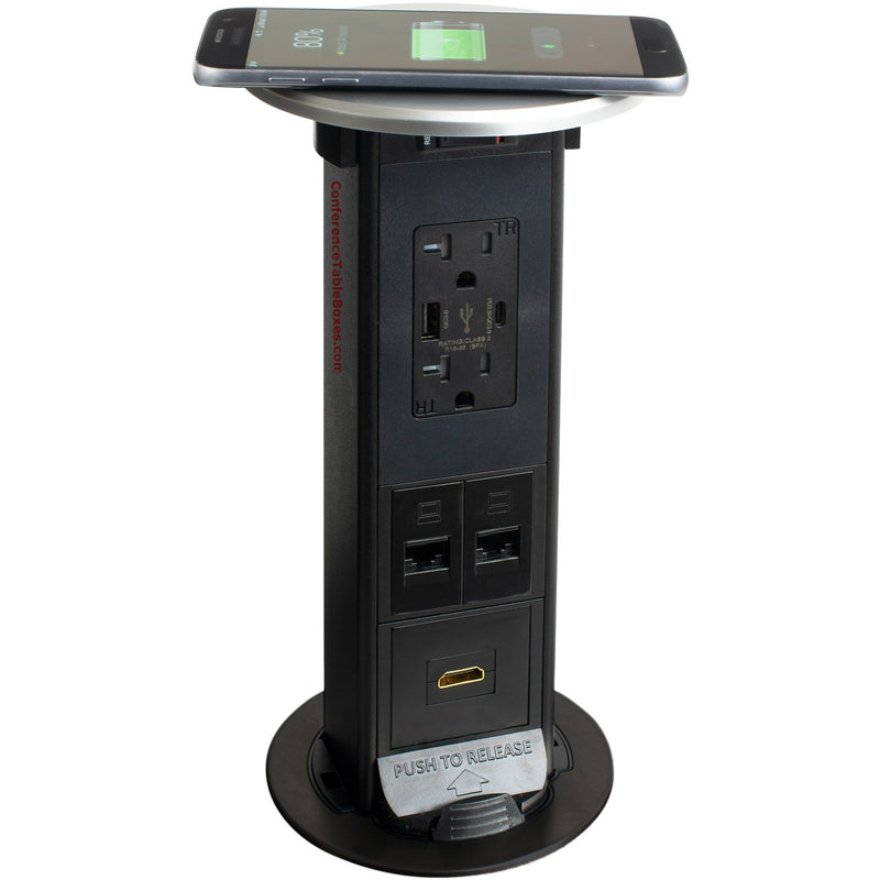 Countertop Pop Up Outlet, 2 USB, 2 Cat6, 1 HDMI, QI Charging, Silver