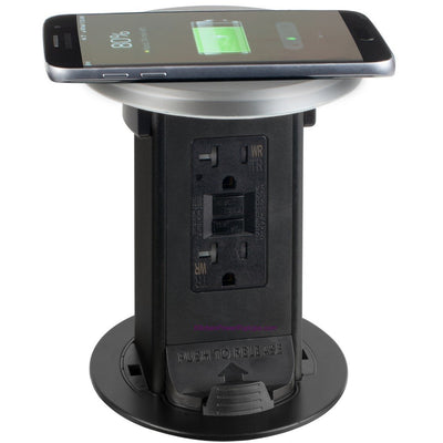 Countertop Pop Up 20A GFI, Spill Proof, Wireless Charging Silver Top, Showing Phone Charging