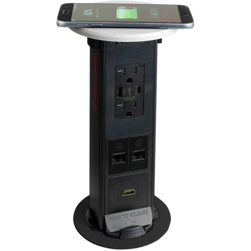 Countertop Pop Up Outlet, 2 USB, 2 Cat6, 1 HDMI, QI Charging, White