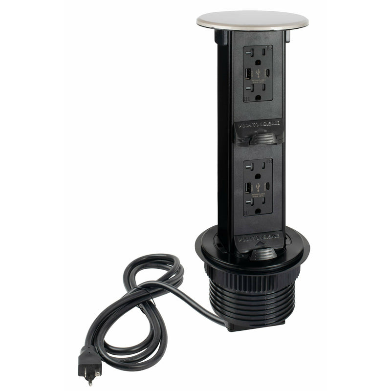 Lew Electric PUR20-SN-2P Counter Waterproof 2-Stage 4 Power/4 USB Charging Pop Up, Satin Nickel, Showing Entire Unit